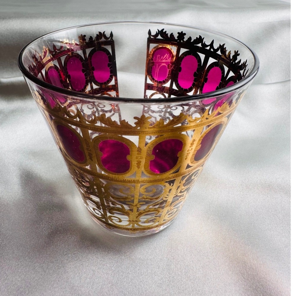 Culver Cranberry Scroll 22KT Gold Flared Rocks Whiskey Lowball Glasses 4 MCM - Picture 4 of 13